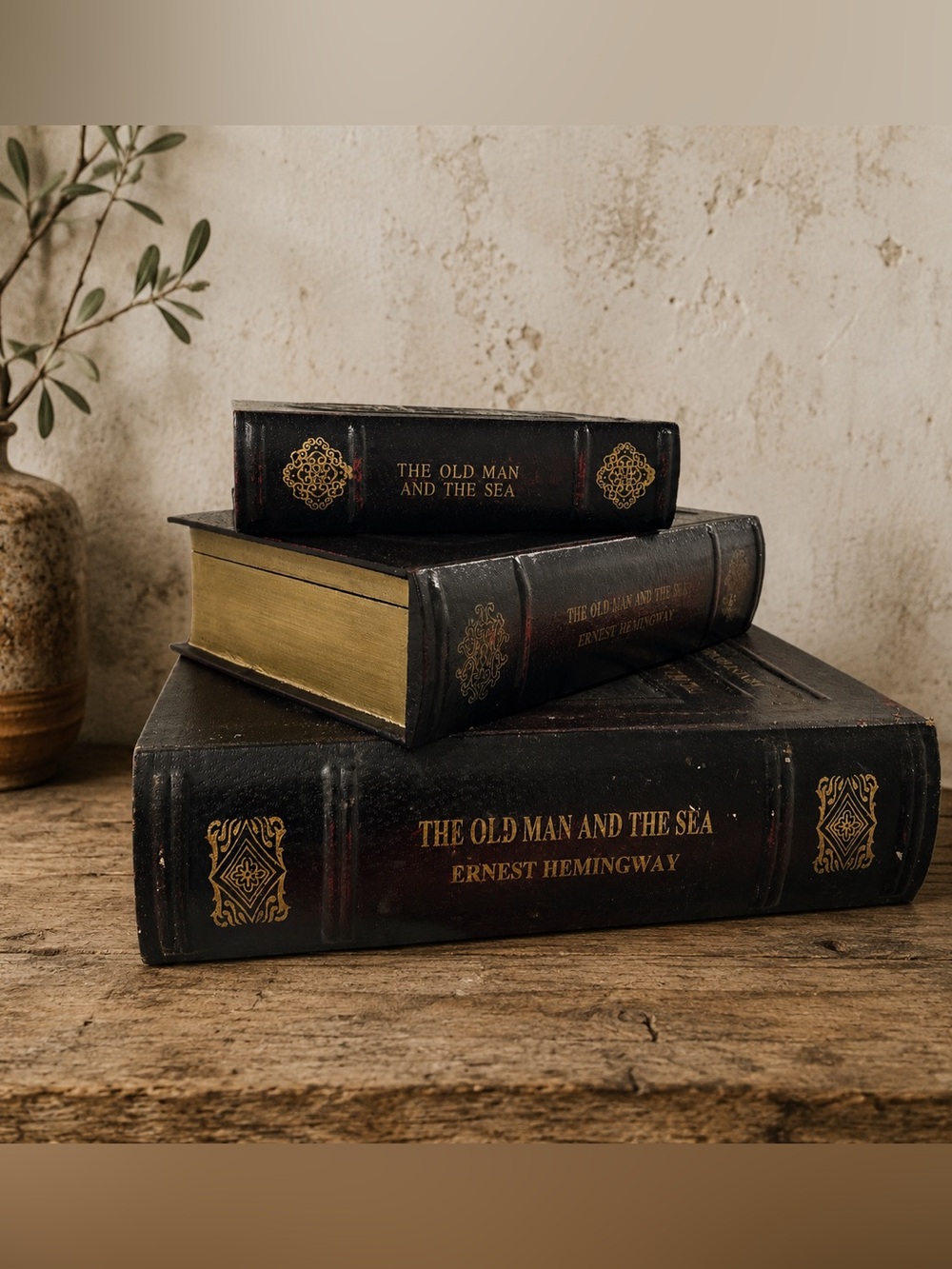 Vintage Set of 3 Ernest Hemingway The Old Man and the Sea Wooden Book Boxes